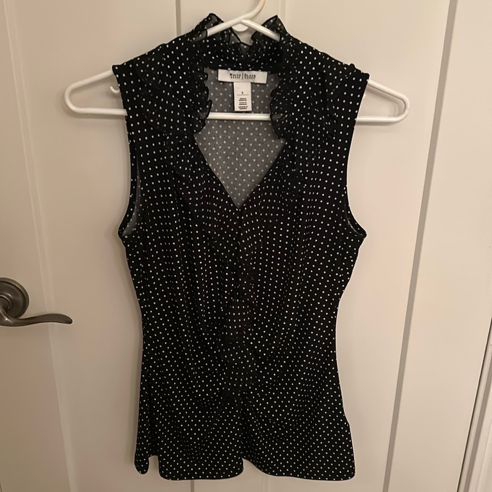White House Black Market ruffle front V-neck black-& white polkadot top, size S